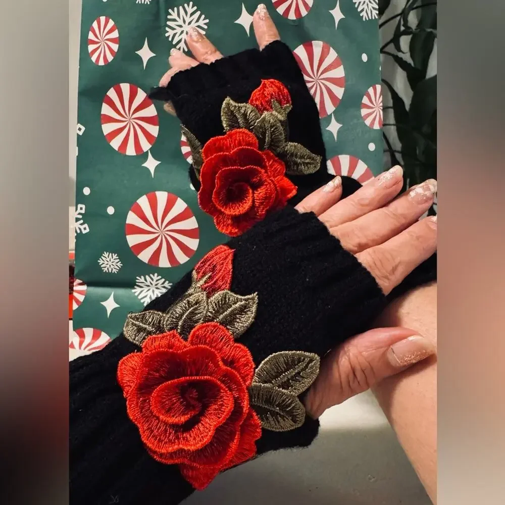 Black Knit Gloves with Red Rose Embroidery Detail Fingerlesss One Size